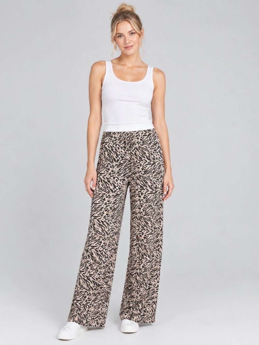 TAHARI Animal Print Drawstring Pullon Trouser Wide Leg Beige Black Medium #A4474